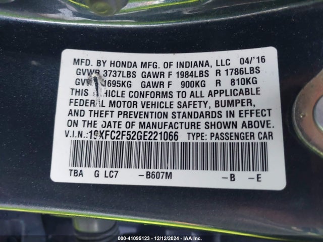 Honda Civic Lx 2016 19XFC2F52GE221066 Image 9