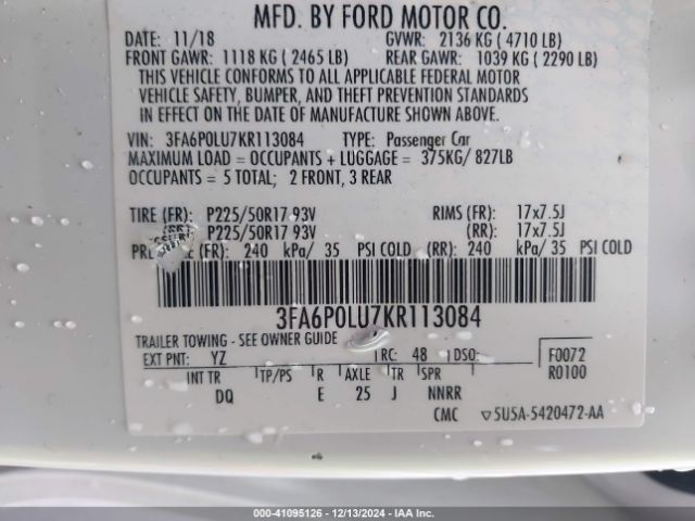 3FA6P0LU7KR113084 Ford Fusion Hybrid Se