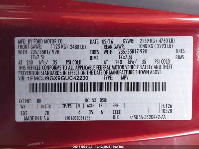 Ford ESCAPE SE 2016 1FMCU9GX9GUC42230 Image 9