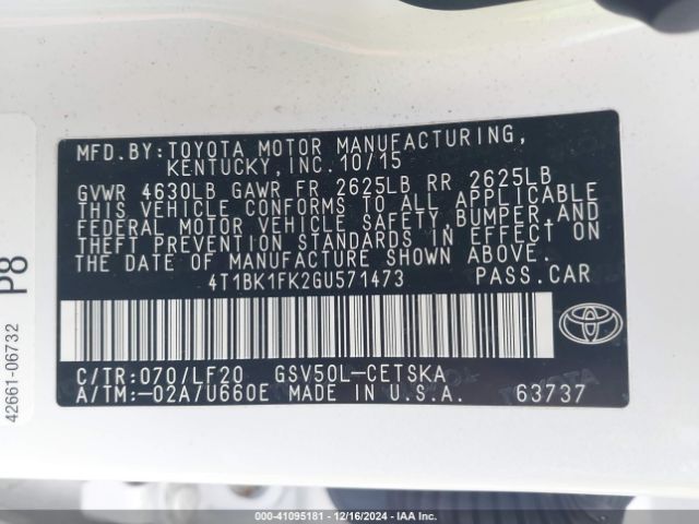 4T1BK1FK2GU571473 Toyota Camry Xse V6