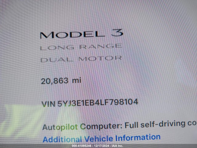 Tesla Model 3 Long Range Dual Motor All-wheel Drive 2020 5YJ3E1EB4LF798104 Image 15