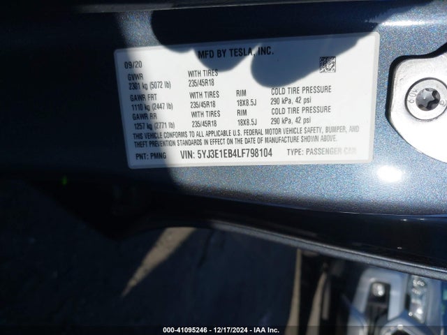 Tesla Model 3 Long Range Dual Motor All-wheel Drive 2020 5YJ3E1EB4LF798104 Image 9