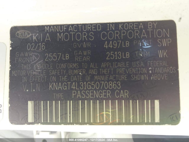 KIA Optima Lx 2016 KNAGT4L31G5070863 Image 9