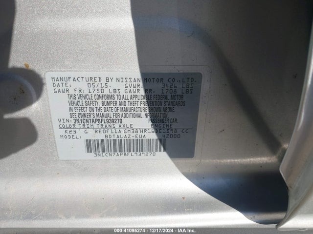 Nissan Versa 1.6 S+ 2015 3N1CN7AP8FL939270 Image 9