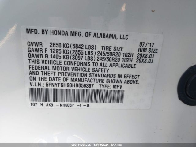 5FNYF6H93HB056387 Honda Pilot Touring