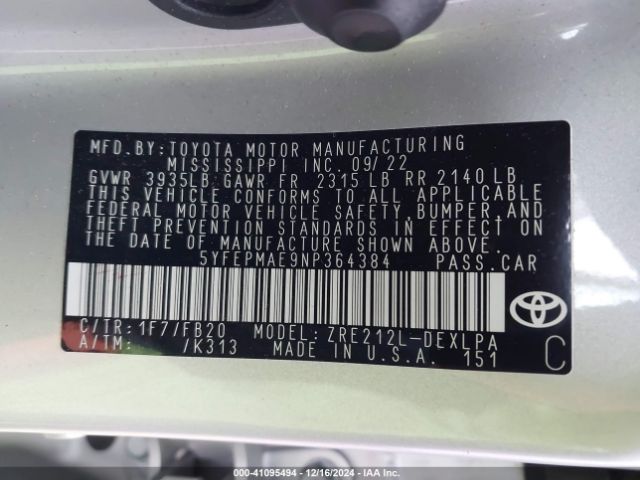 5YFEPMAE9NP364384 Toyota COROLLA LE