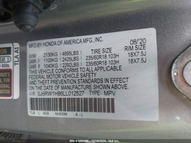 5J6RW1H86LL012527 Honda Cr-v 2wd Ex-l