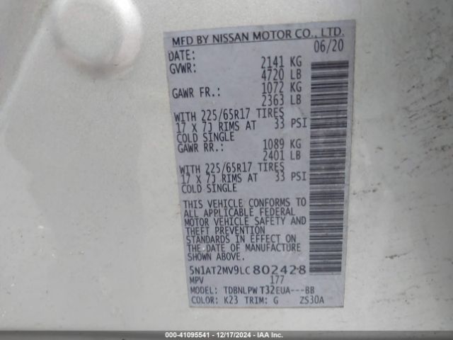 5N1AT2MV9LC802428 Nissan Rogue S Intelligent Awd
