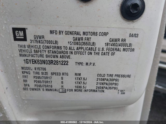 2003 CADILLAC ESCALADE 1GYEK63N03R281222 Photo 8
