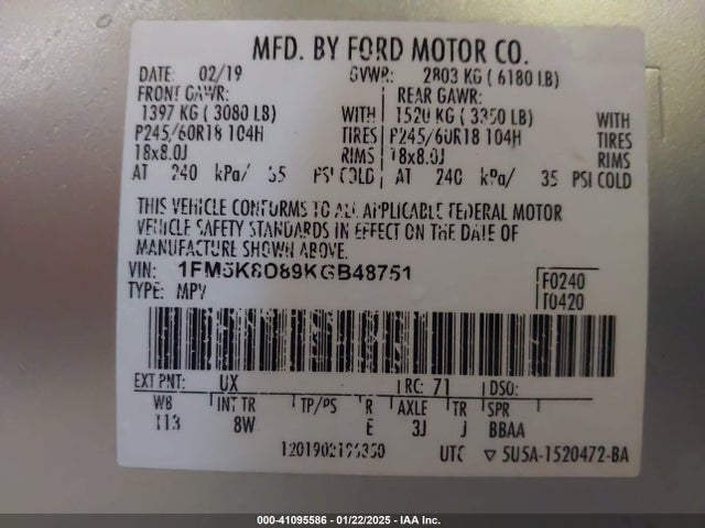 Ford EXPLORER XLT 2019 1FM5K8D89KGB48751 Image 9