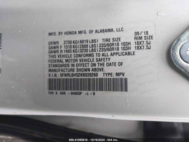 5FNRL6H52KB039260 Honda ODYSSEY EX