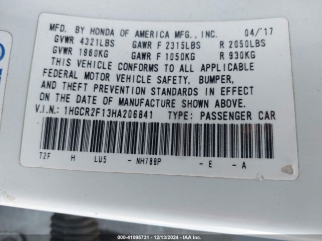 1HGCR2F13HA206841 Honda Accord Sport Se