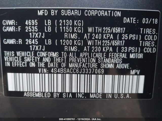 4S4BSACC6J3337069 Subaru Outback 2.5i Premium