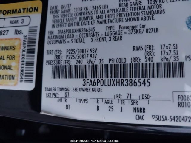 3FA6P0LUXHR386545 Ford Fusion Hybrid Se