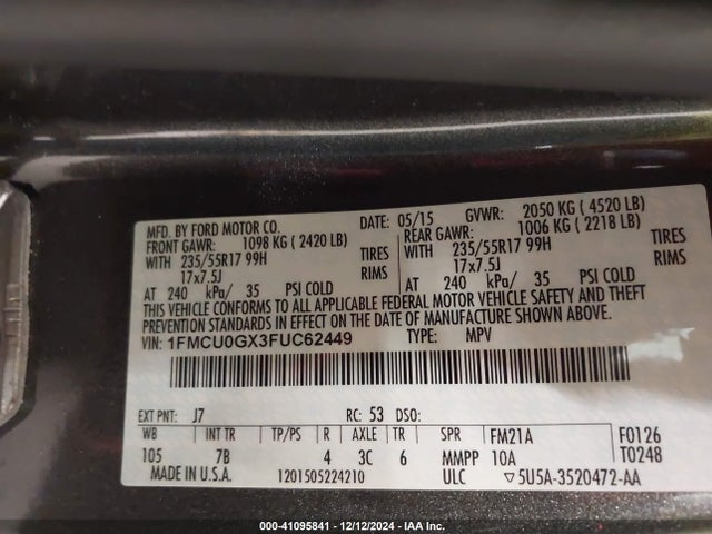 Ford ESCAPE SE 2015 1FMCU0GX3FUC62449 Image 9