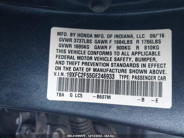 Honda Civic Lx 2016 19XFC2F55GE246933 Image 9