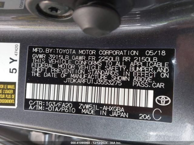 JTDKARFU1J3553275 Toyota Prius Three
