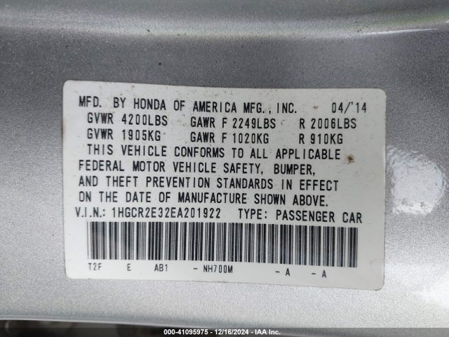 Honda ACCORD LX 2014 1HGCR2E32EA201922 Image 9