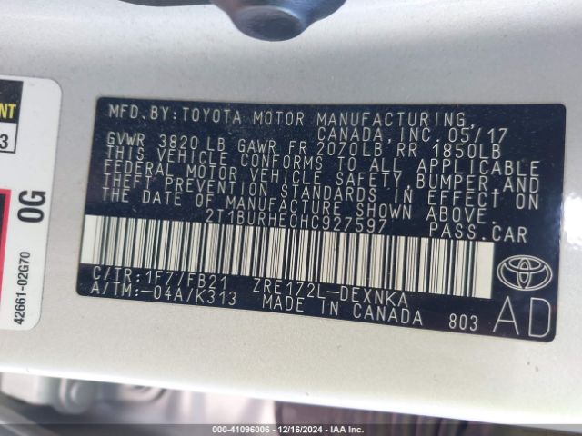 2T1BURHE0HC927597 Toyota COROLLA LE
