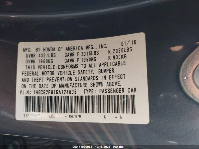 1HGCR2F81GA124635 Honda k24w1