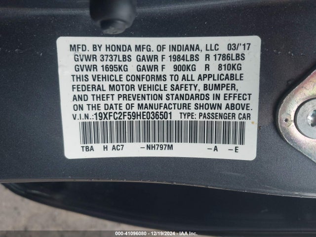 Honda Civic Lx 2017 19XFC2F59HE036501 Image 9