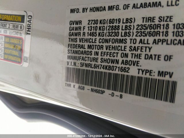 5FNRL6H74KB071662 Honda Odyssey Ex-l