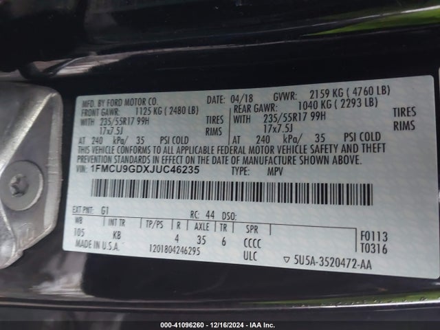Ford ESCAPE SE 2018 1FMCU9GDXJUC46235 Image 9
