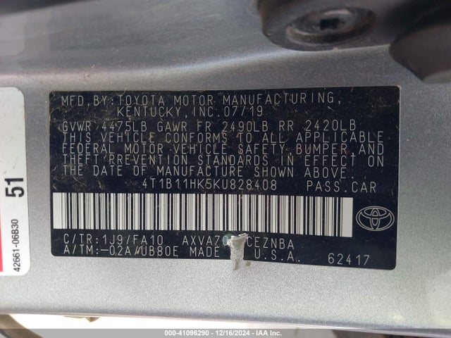 4T1B11HK5KU828408 Toyota CAMRY LE