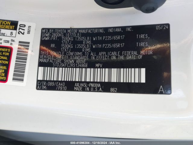 5TDJSKFC2RS134868 Toyota SIENNA XLE
