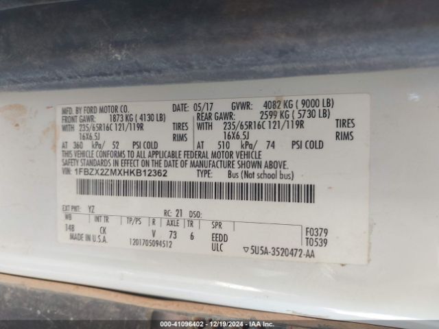 1FBZX2ZMXHKB12362 Ford Transit-350 Xl
