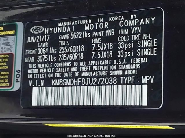 KM8SMDHF8JU272038 Hyundai Santa Fe Se