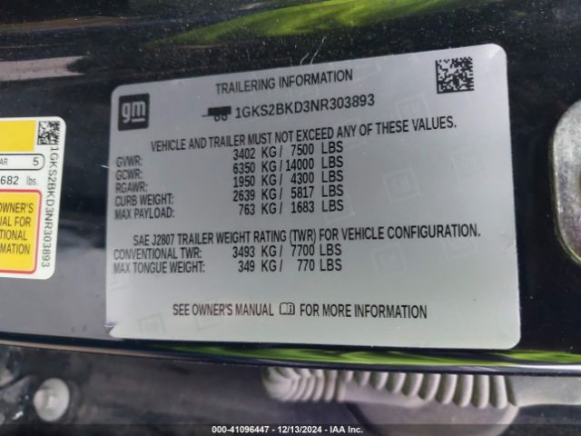1GKS2BKD3NR303893 GMC Yukon 4wd Slt