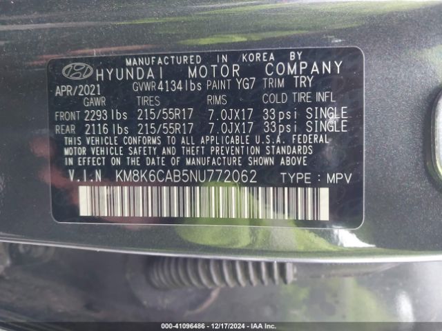 KM8K6CAB5NU772062 Hyundai Kona Sel