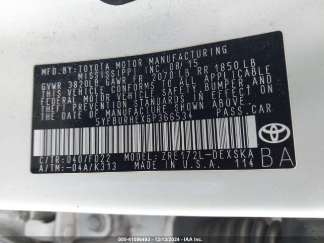 5YFBURHEXGP366534 Toyota Corolla S Plus