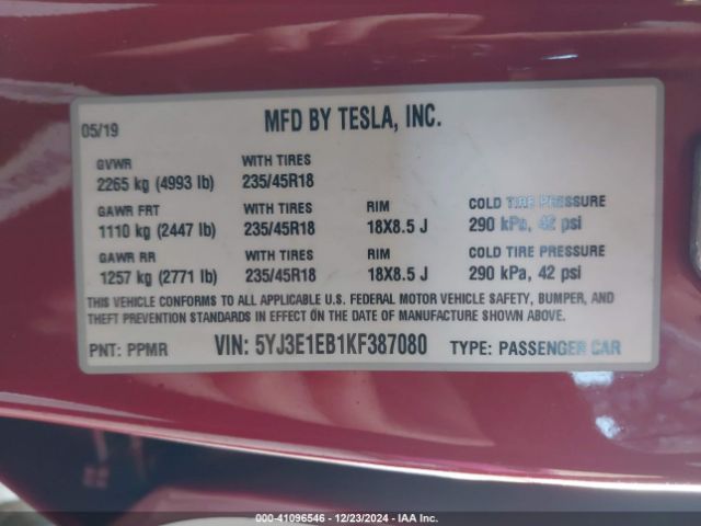 5YJ3E1EB1KF387080 Tesla Model 3 Long Range/performance