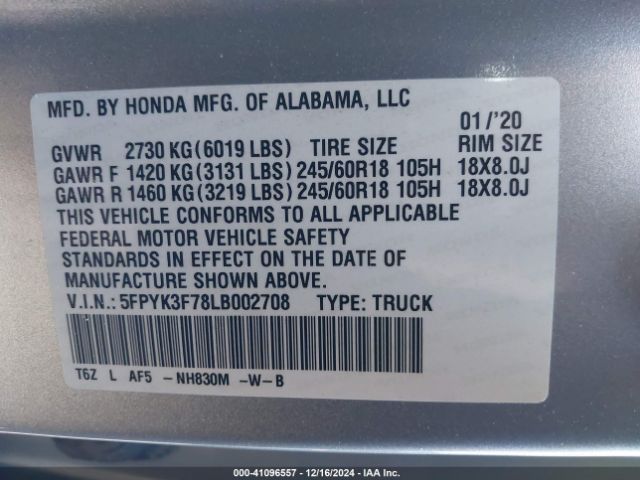 5FPYK3F78LB002708 Honda Ridgeline Rtl-e