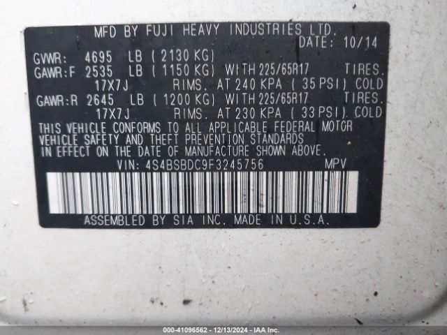 4S4BSBDC9F3245756 Subaru Outback 2.5i Premium