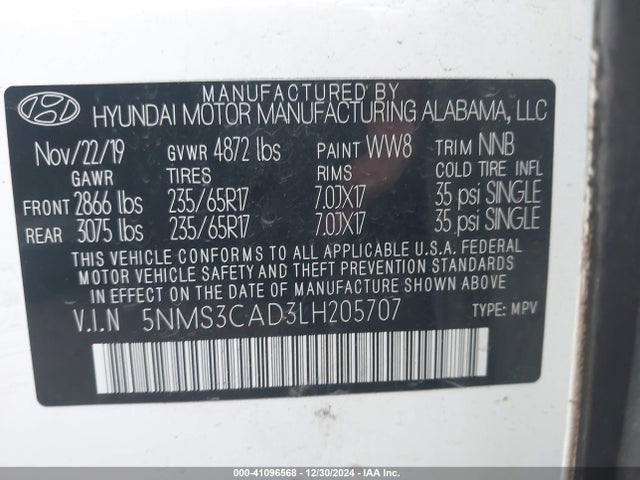 Hyundai Santa Fe Sel 2020 5NMS3CAD3LH205707 Image 9