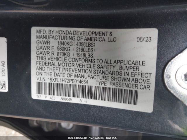 19XFL1H72PE014654 Honda Civic Ex-l /ex-l W/o Bsi