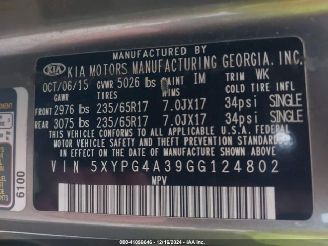 5XYPG4A39GG124802 KIA Sorento 2.4l L