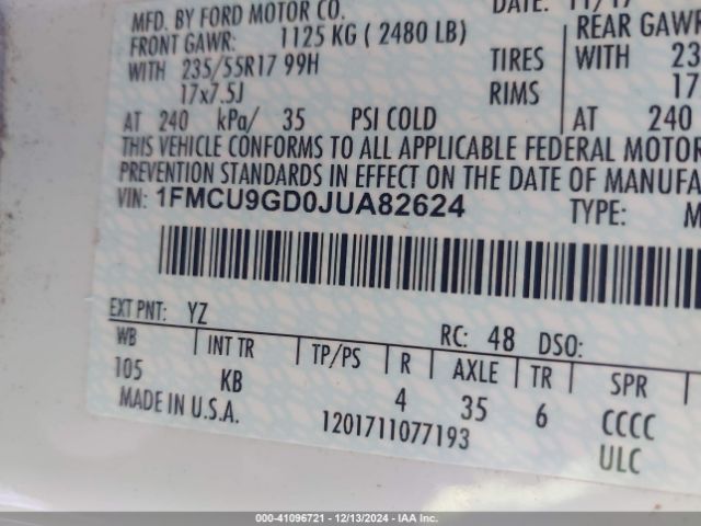 1FMCU9GD0JUA82624 Ford ESCAPE SE