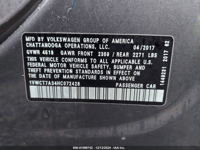 1VWCT7A34HC072428 Volkswagen Passat 1.8t Sel Premium