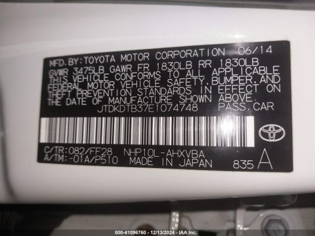 JTDKDTB37E1074748 Toyota Prius C Two