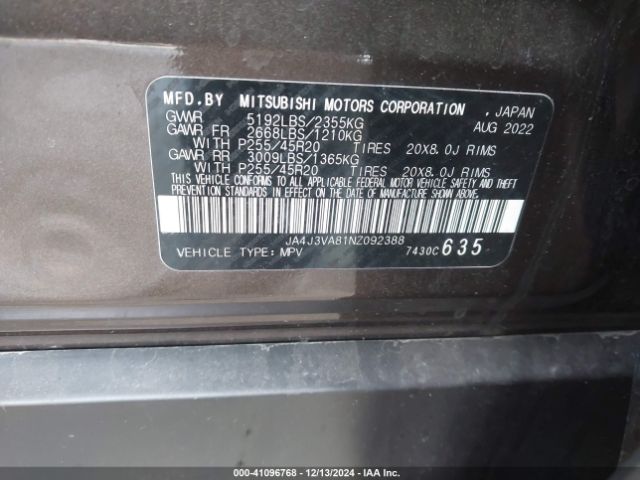 JA4J3VA81NZ092388 Mitsubishi Outlander Sel 2.5 2wd/sel Special Edition 2wd