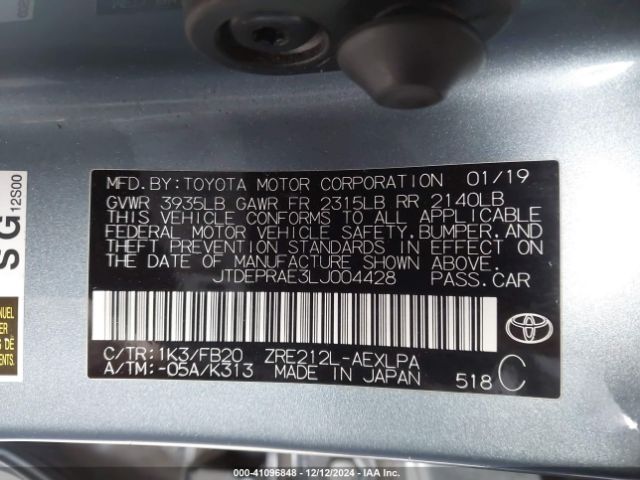 JTDEPRAE3LJ004428 Toyota COROLLA LE