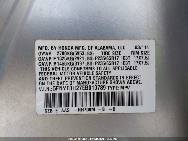 5FNYF3H27EB019789 Honda PILOT LX