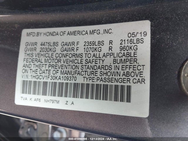 1HGCV1F30KA109370 Honda Accord Sport