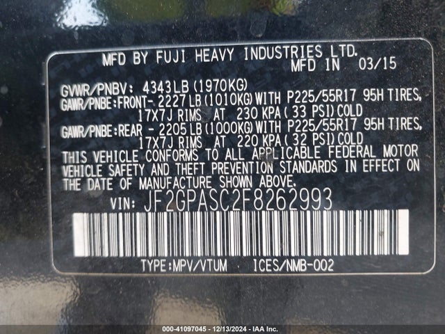 JF2GPASC2F8262993 Subaru 2.0l naturally aapirated
