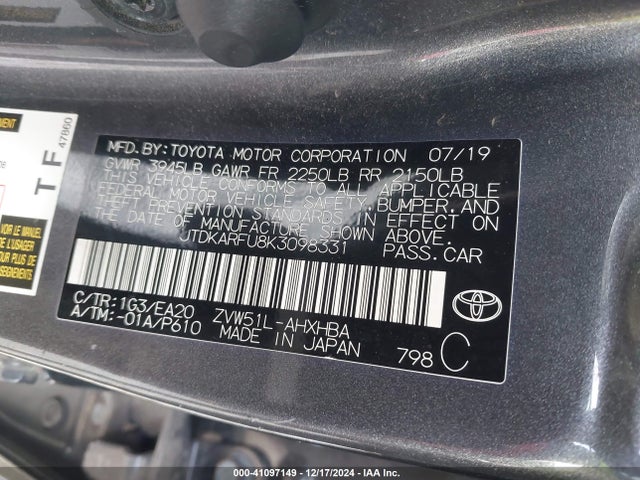 Toyota PRIUS XLE 2019 JTDKARFU8K3098331 Image 9