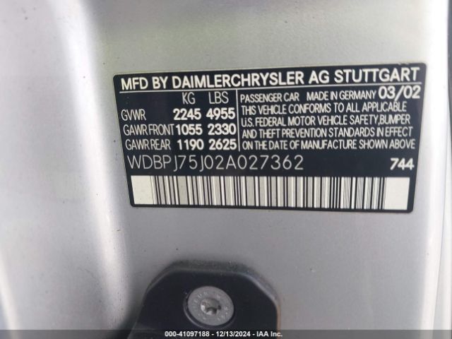 2002 MERCEDES-BENZ CL 500 WDBPJ75J02A027362 Photo 8